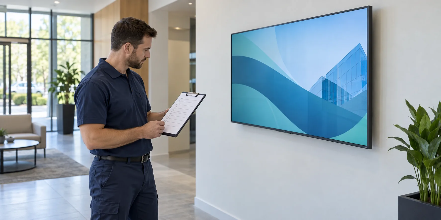 Technician reviewing an installation checklist beside a wall-mounted digital signage display