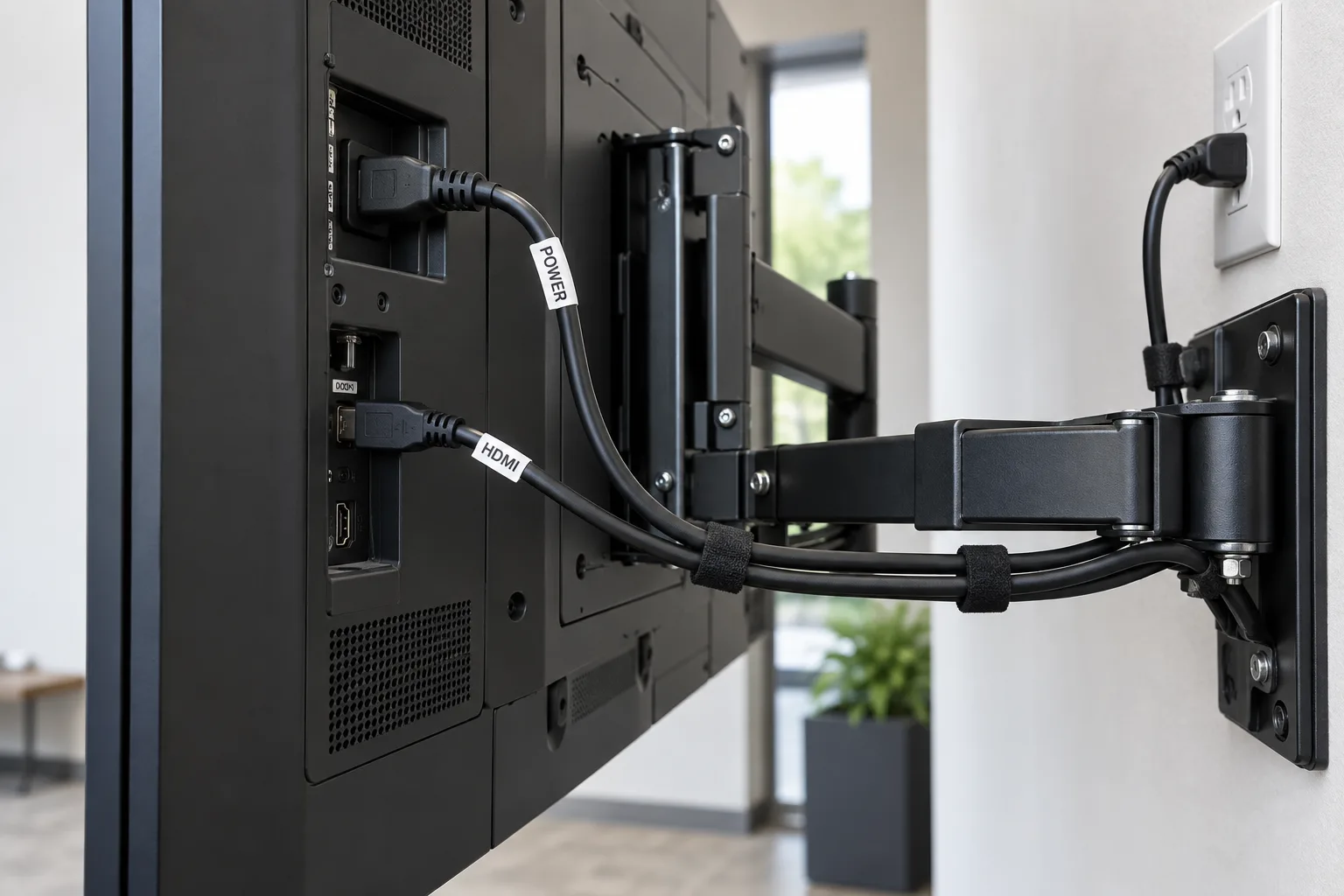 Labeled power connection and cable route behind a digital signage display