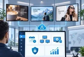 Digital signage content management system dashboard managing screens, scheduling, security and analytics