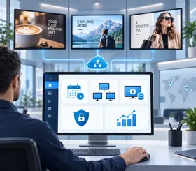 Digital signage content management system dashboard managing screens, scheduling, security and analytics